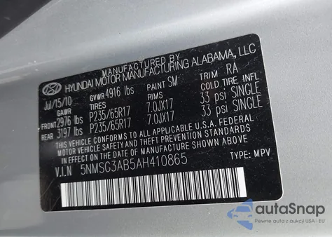 2010 Hyundai Santa Fe Gls из США, поврежденный, VIN 5NMSG3AB5AH410865